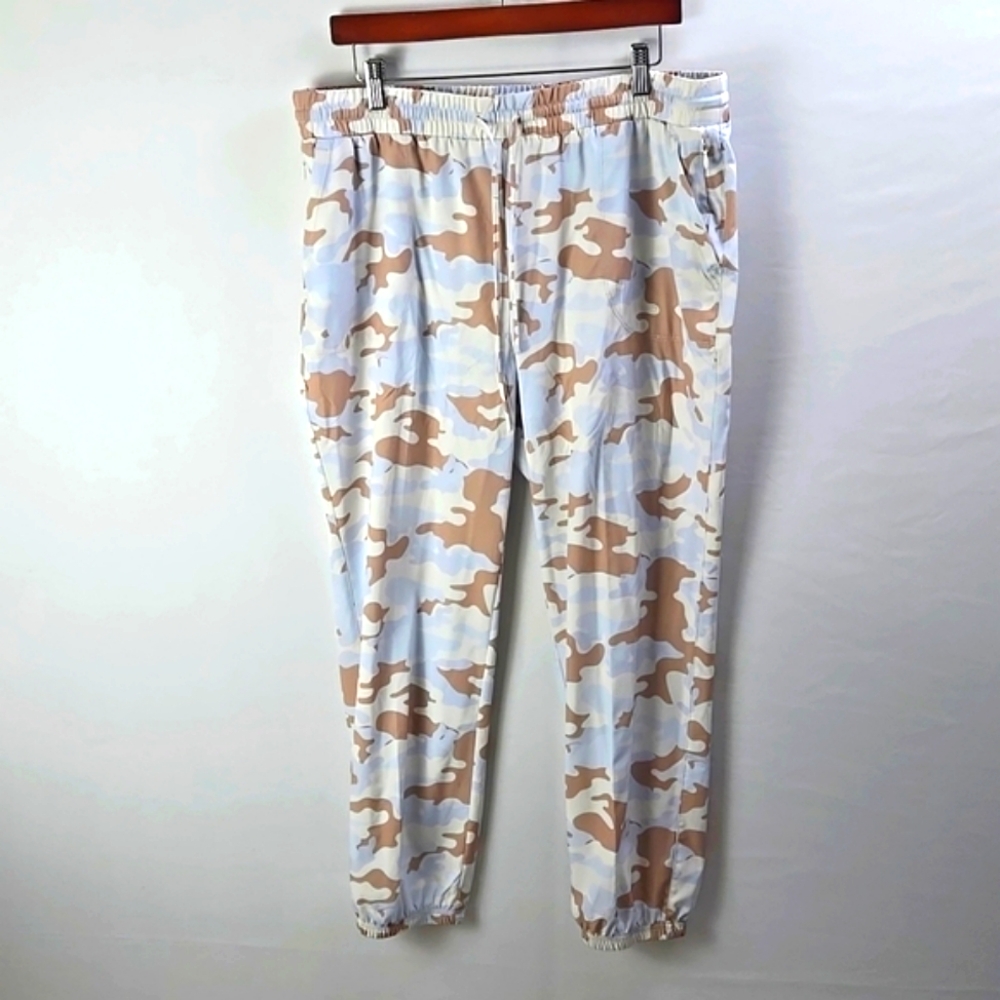 Zac & Rachel Womens High Blue Tan Rise Drawstring Camo Cropped Jogger Pants Sz L